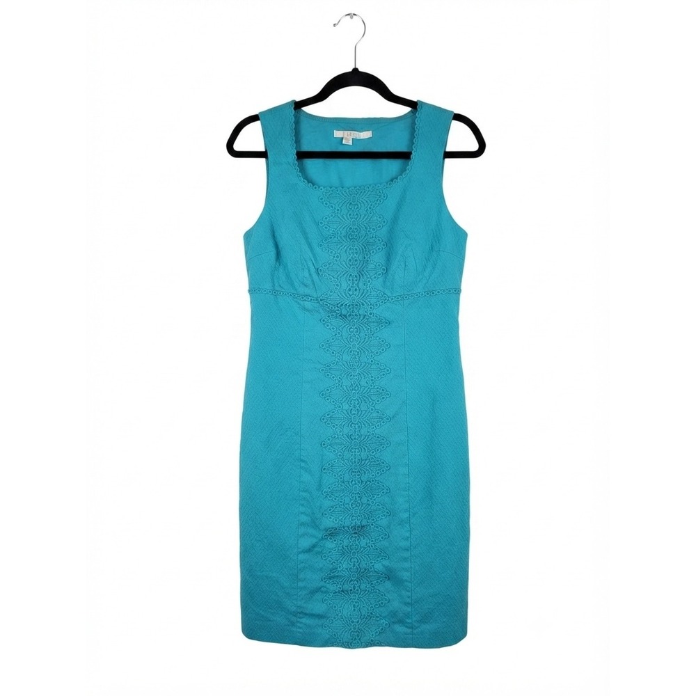 Boden Turquoise Blue‎ Textured Cotton Lace Trim Sheath Dress WH356 Womens 8R